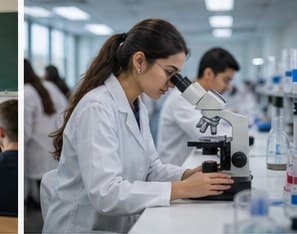 Medical students working with microscopes in a laboratory