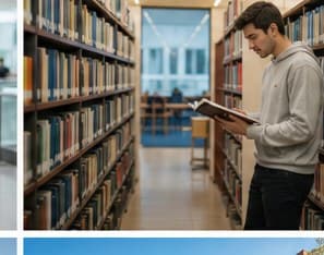 Student browsing books in a university library