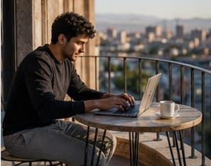 Student studying from a balcony in Yerevan
