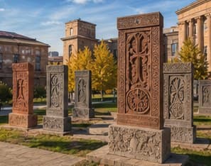 Historic Armenian stone monuments on campus grounds