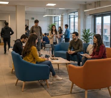Students meeting in a university counseling lounge