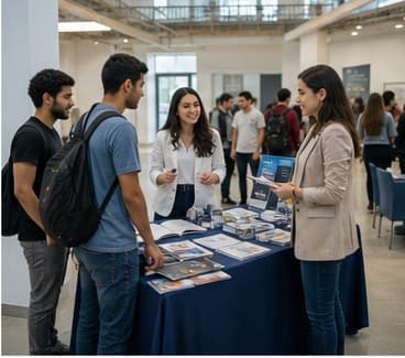 Students speaking with university staff at an information table