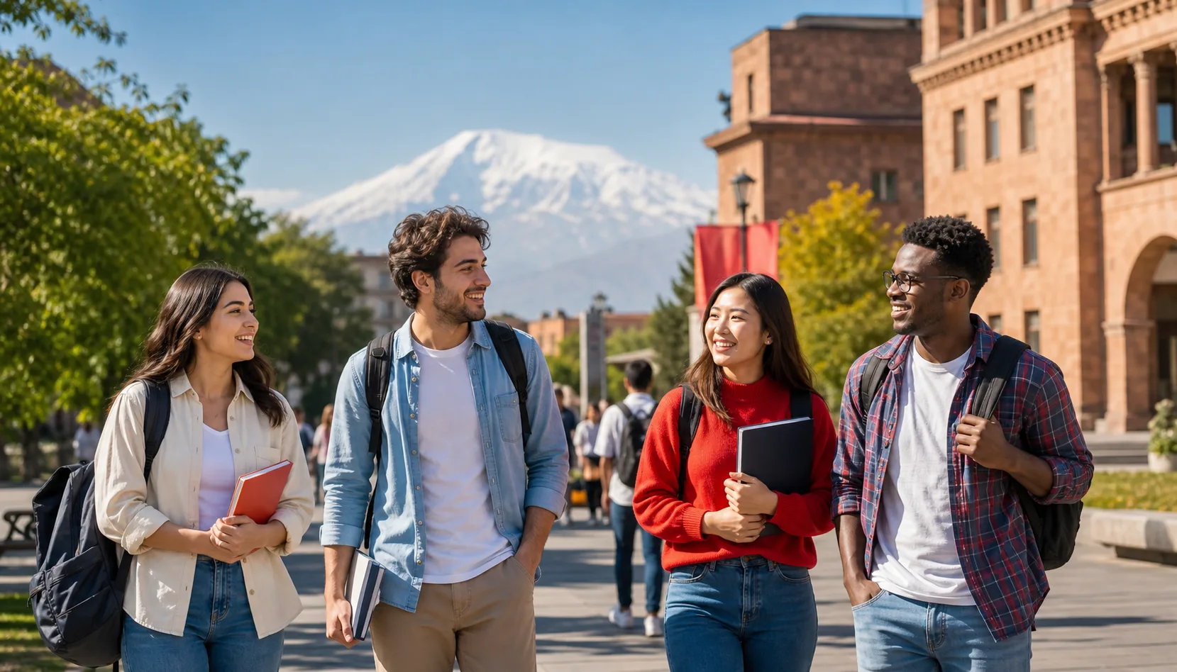 International students walking near a Yerevan university with Mount Ararat in the background